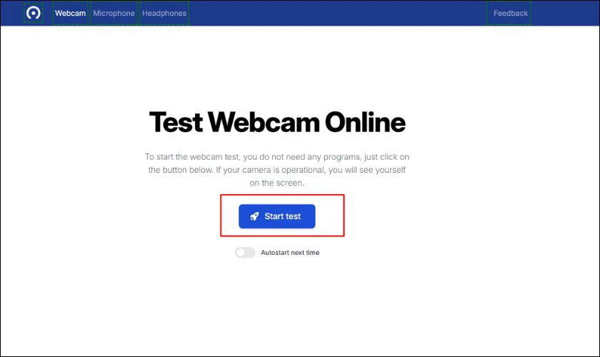 Vào trang webcammictest.com. Nhấn Start test