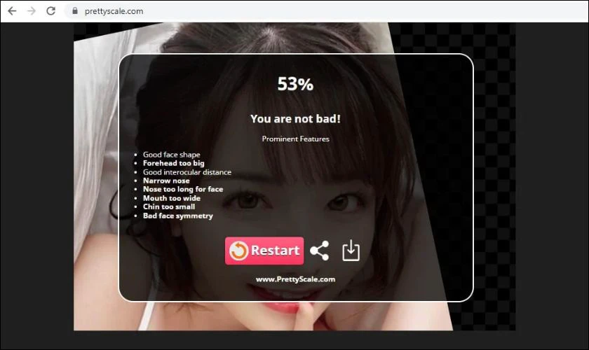Khi hoàn thành tất cả các bước, Prettyscale.com sẽ đưa ra điểm số cho khuôn mặt của bạn