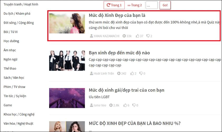 Nhấn vào tiêu đề bài trắc nghiệm mà bạn muốn thử. Đọc kỹ hướng dẫn để hiểu cách chơi