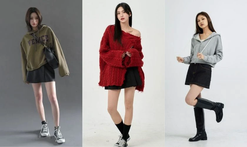 Mix chân váy đen ngắn với hoodie