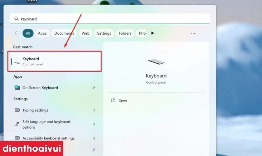 Nhấn phím Windows trên bàn phím và nhập Keyboard
