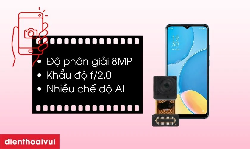 Oppo A15s được trang bị camera selfie 8MP, khẩu độ f/2.0