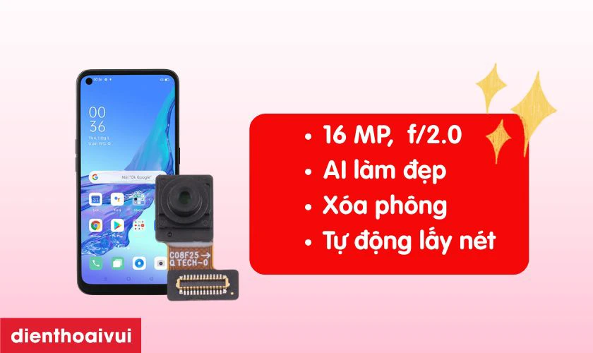 Camera trước của Oppo A53 16MP, sử dụng cảm biến khẩu độ f/2.0