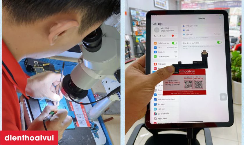 Kỹ thuật viên tháo máy dưới camera giám sát, thay chân sạc mới