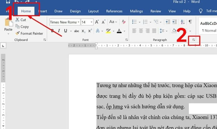 Vào tab Home và chọn vào biểu tượng mũi tên góc phải trong phần Paragraph