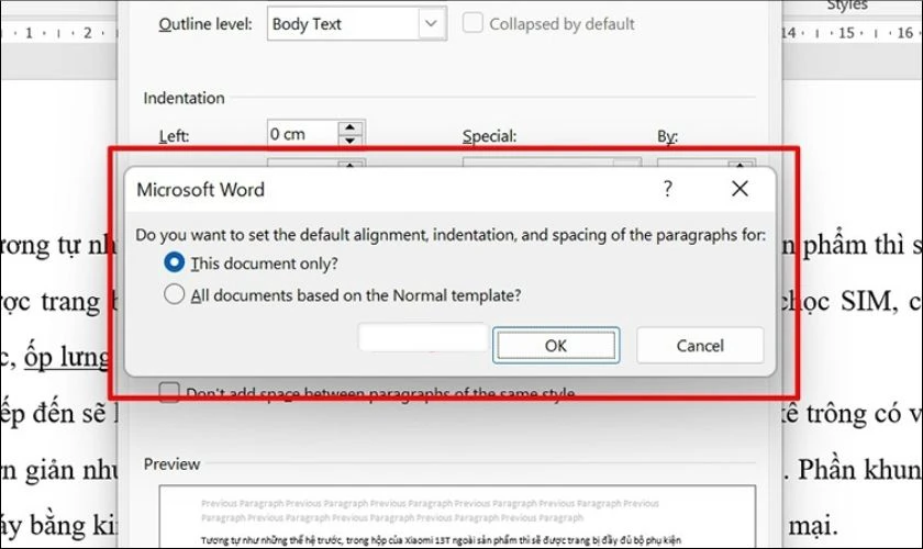 Click vào This document only? và nhấn OK