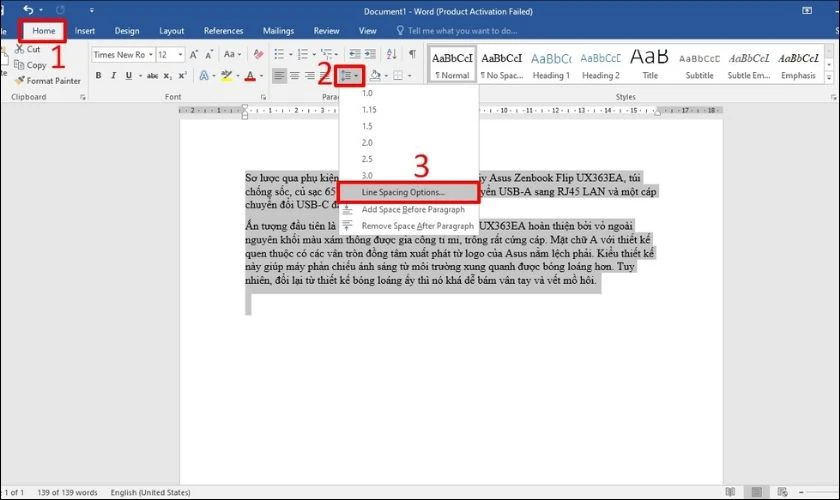 Cách thay đổi khoảng cách dòng trong Word bằng Spacing