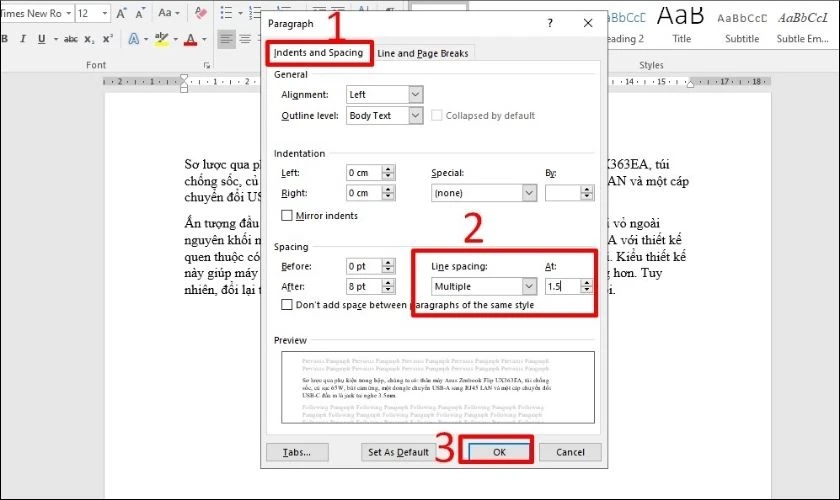 Tại phần Line Spacing, bạn chọn mục Multiple