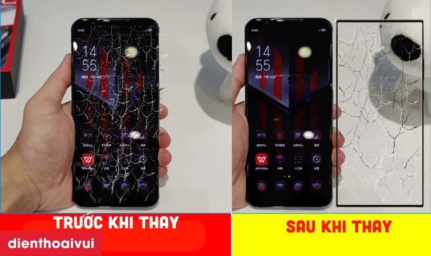 H&igrave;nh ảnh kh&aacute;ch h&agrave;ng trước v&agrave; sau khi &eacute;p k&iacute;nh thay &eacute;p k&iacute;nh Nubia Red Magic 5S tại Điện Thoại Vui