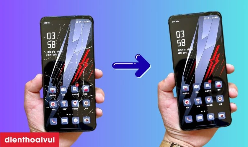 Hình ảnh trước và sau khi thay ép kính Nubia Red Magic 6 Pro tại Điện Thoại Vui