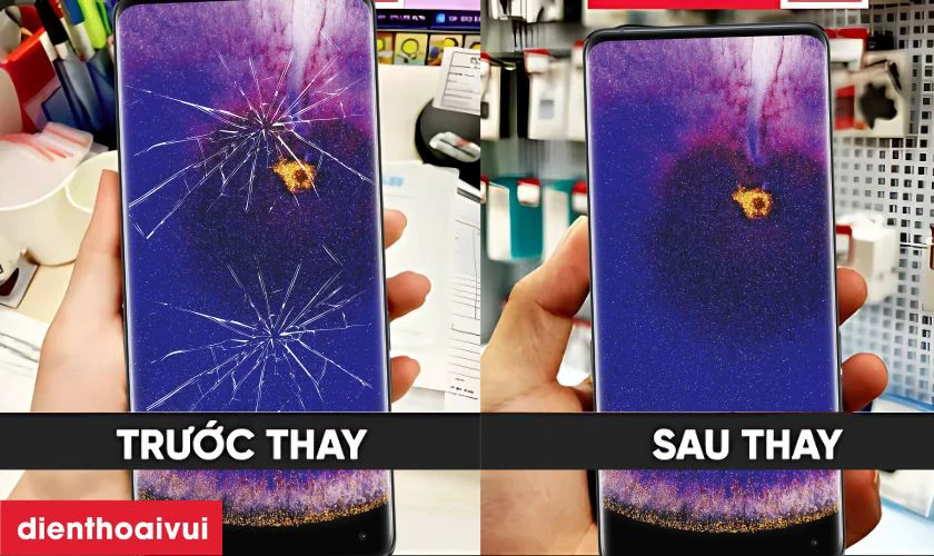 Hình ảnh trước và sau khi ép kính thay ép kính Oppo Find X5 Pro tại Điện Thoại Vui:\