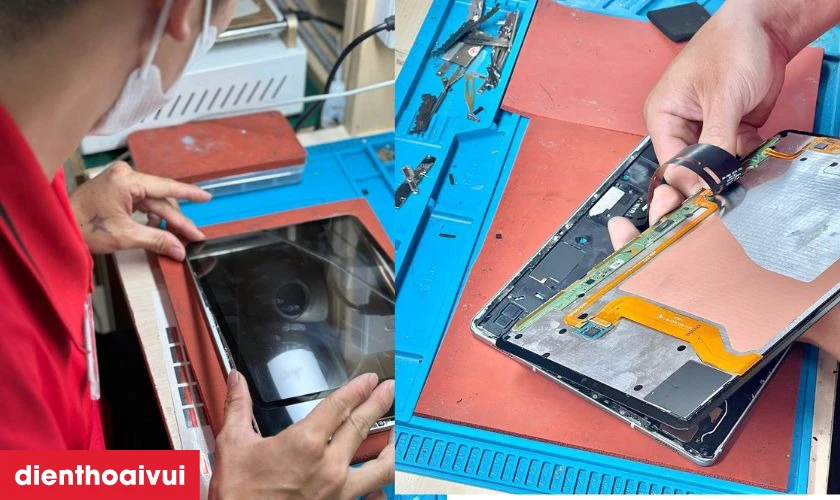 Kỹ thuật viên thay ép kính ngay tại cửa hàng cho khách hàng khi có nhu cầu