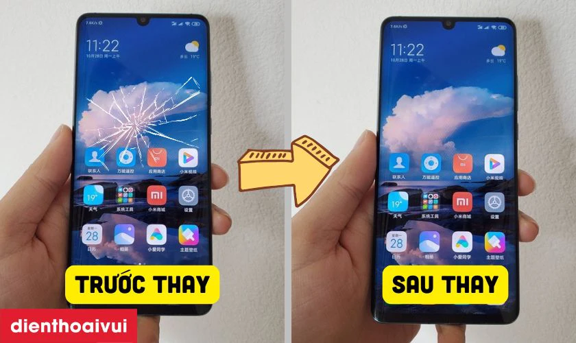 Hình ảnh khách hàng trước và sau khi ép kính Xiaomi 12S tại Điện Thoại Vui