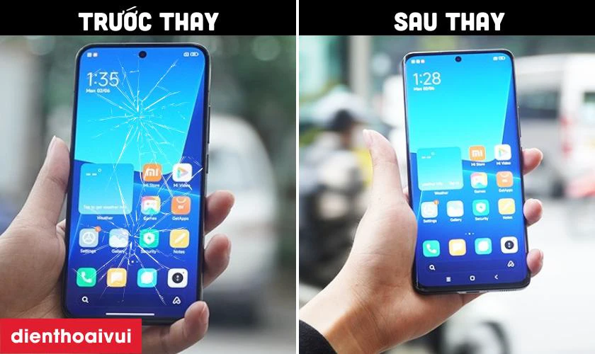Hình ảnh khách hàng trước và sau khi ép kính tại Điện Thoại Vui