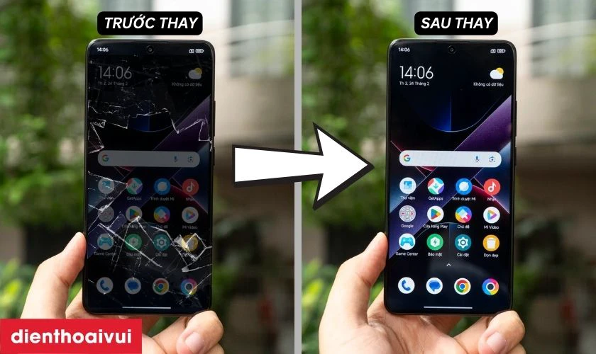 Hình ảnh khách hàng trước và sau khi ép kính Xiaomi Poco X7 Pro tại Điện Thoại Vui