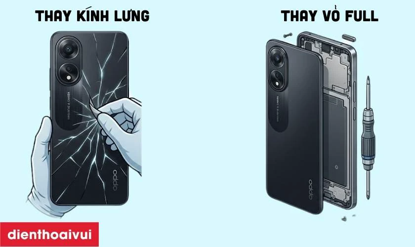 Ph&acirc;n biệt thay k&iacute;nh lưng v&agrave; thay vỏ full Oppo A98