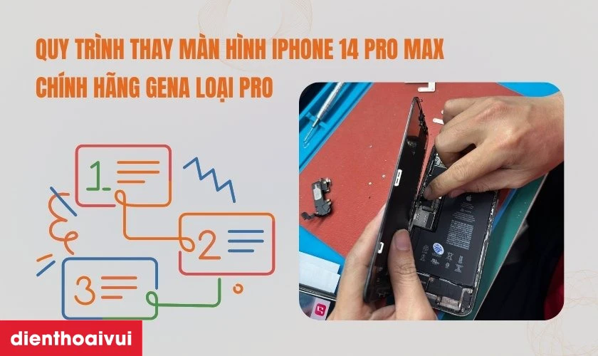 Quy trình thay màn hình iPhone 14 Pro Max chính hãng GENA loại Pro chuyên nghiệp lấy liền tại Điện Thoại Vui