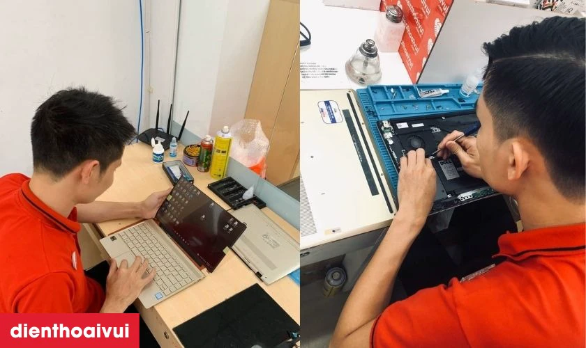 Kỹ thuật viên tiến hành thay màn hình laptop Dell Inspiron 14 3465 mới cho khách hàng