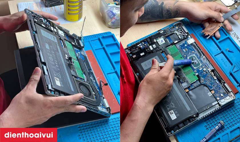 Kỹ thuật viên tháo máy, ngắt nguồn và thay thế màn hình mới