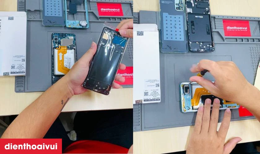 Quy trình thay màn hình Samsung Galaxy A50S nguyên khung chính hãng GENA loại A+ chuyên nghiệp lấy liền tại Điện Thoại Vui