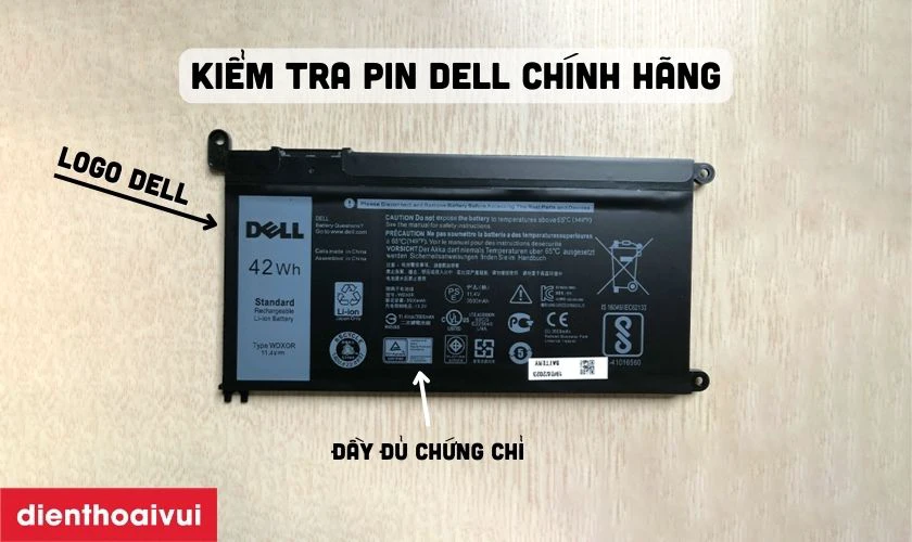 Pin chính hãng Dell thường có tem in rõ logo Dell