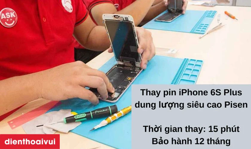 Dịch vụ thay pin iPhone 6S Plus dung lượng siêu cao Pisen chính hãng nhanh chóng với giá ưu đãi tại Điện Thoại Vui