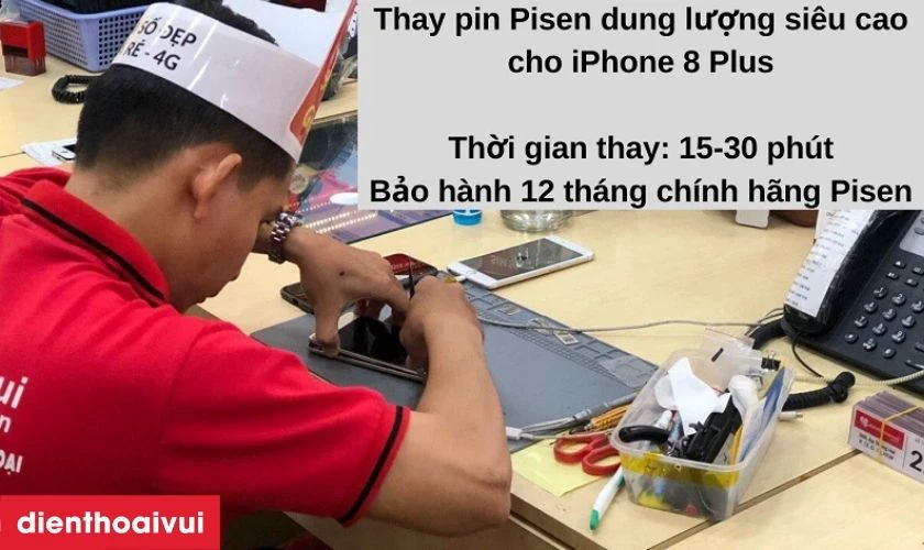 Dịch vụ thay pin dung lượng siêu cao Pisen cho iPhone 8 Plus nhanh chóng, giá ưu đãi tại Điện Thoại Vui