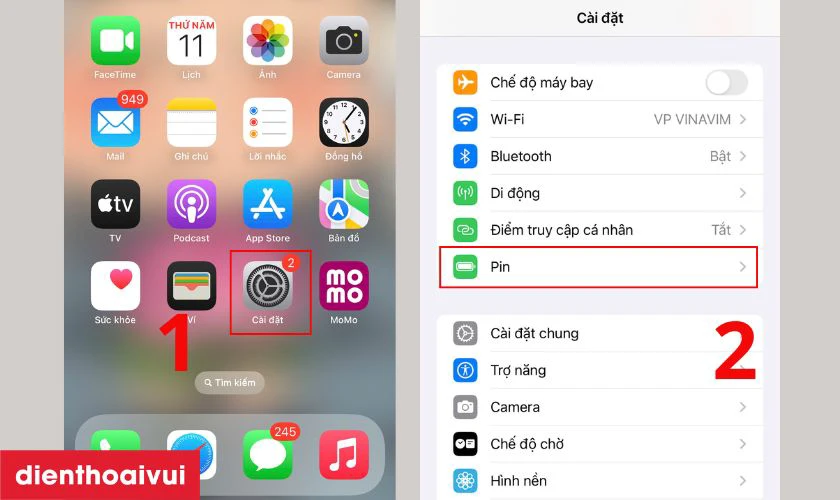 Kiểm tra pin trực tiếp trên iPhone qua Cài đặt