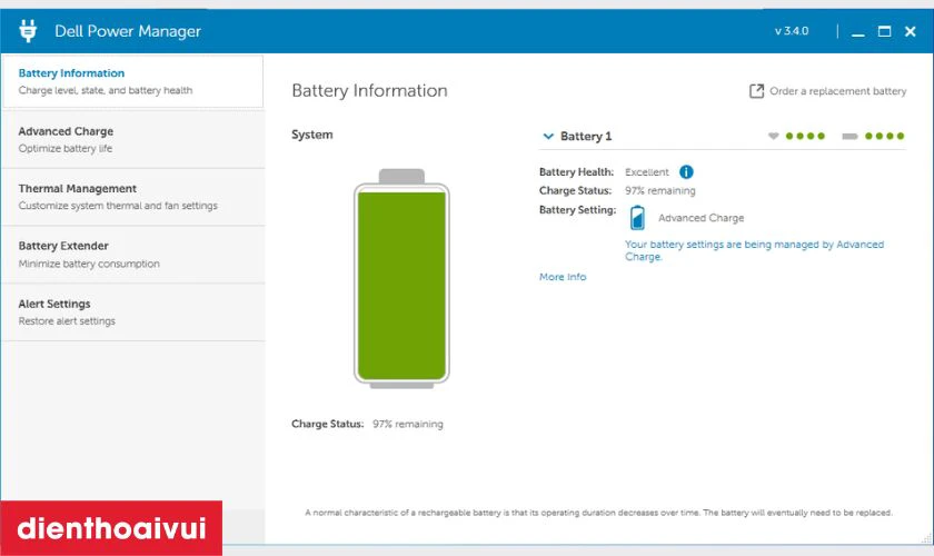 Hãy cài đặt ứng dụng Dell Power Manager từ trang chủ Dell để kiểm tra pin