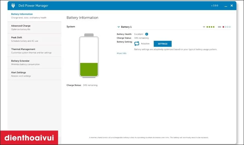 D&ugrave;ng ứng dụng Dell Power Manager để kiểm tra mức độ chai pin