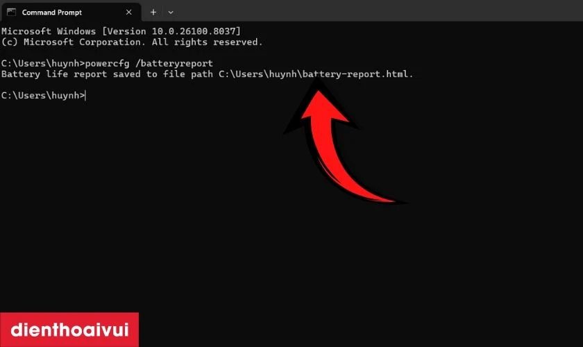 Nhập lệnh khởi tạo b&aacute;o c&aacute;o t&igrave;nh trạng pin