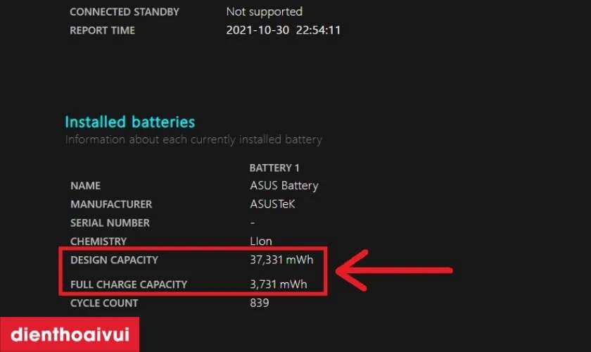 Tìm phần Installed batteries để xem Design Capacity và Full Charge Capacity