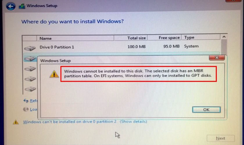 The selected disk has an MBR partition table là lỗi thường gặp trên Windows
