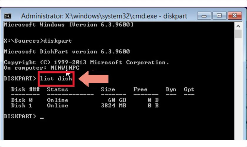 Sử dụng lệnh list disk