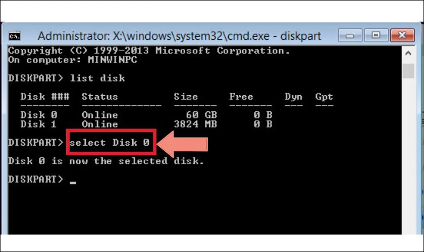 Nhập lệnh select Disk 0 để định dạng ổ cứng