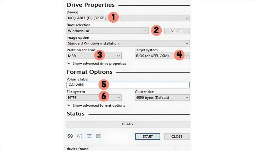 Thiết lập USB Boot theo hướng dẫn rồi nhấn Start