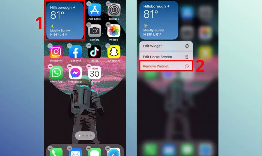 Chạm và giữ vào widget muốn xóa, sau đó chọn Remove Widget