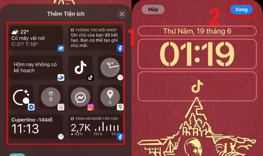 Chọn Widget mong muốn từ danh sách và nhấn để thêm rồi nhấn Xong
