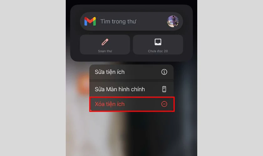 Khi menu hiện ra, hãy chọn mục Xóa tiện ích để loại bỏ