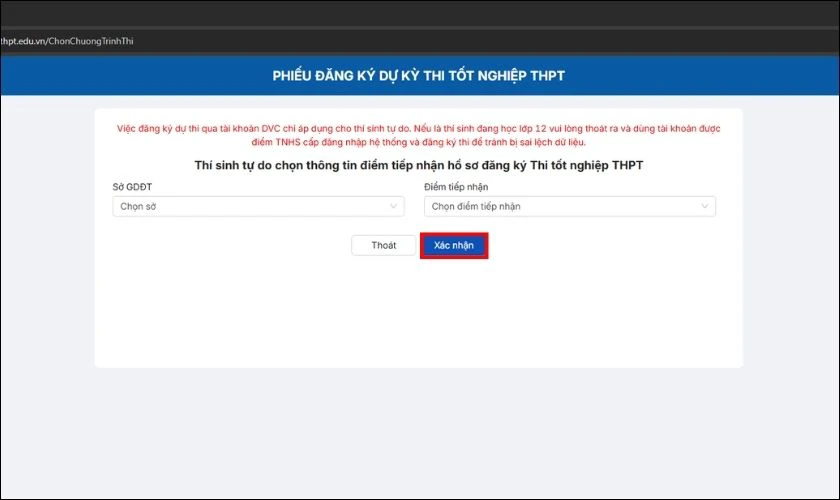Chọn thông tin tiếp nhận hồ sơ đăng ký