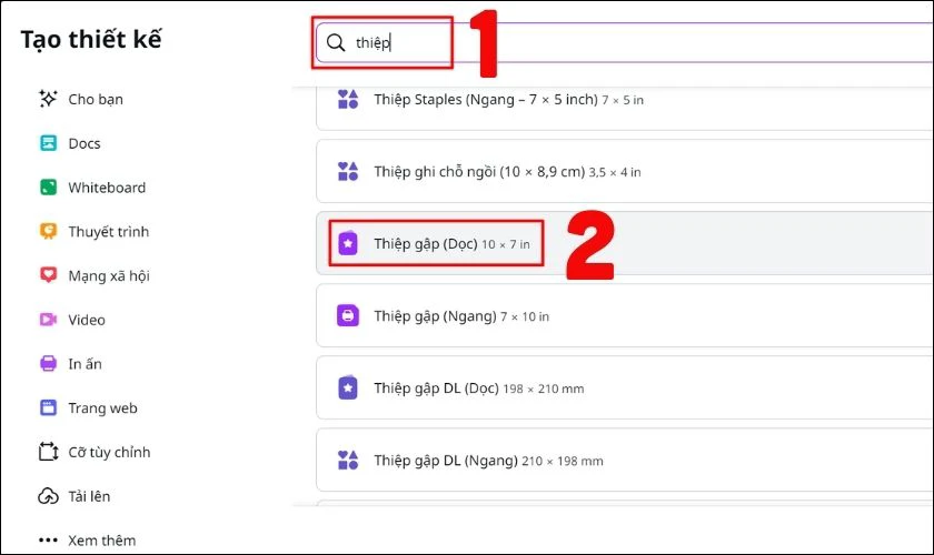 Lúc này, nhập từ khoá “Thiệp” vào ô tìm kiếm và lựa chọn dạng thiệp mà bạn mong muốn