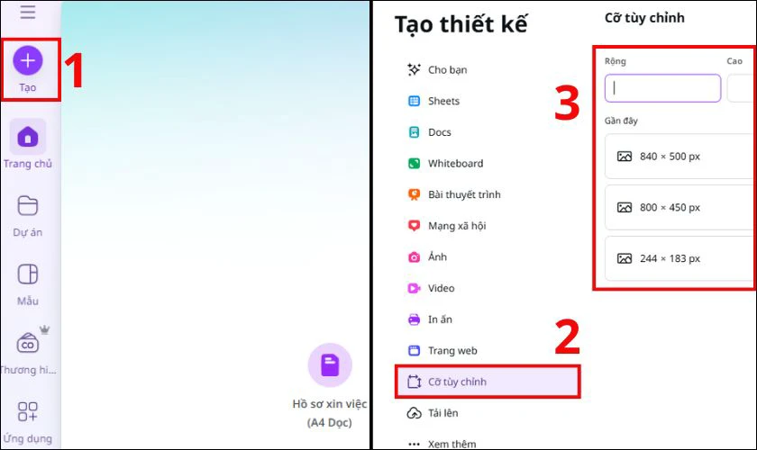 Truy cập Canva và chọn cỡ thiệp