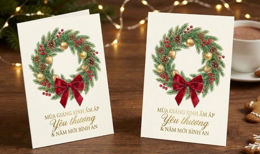 Thiệp Giáng Sinh có hình vòng nguyệt quế rõ nét