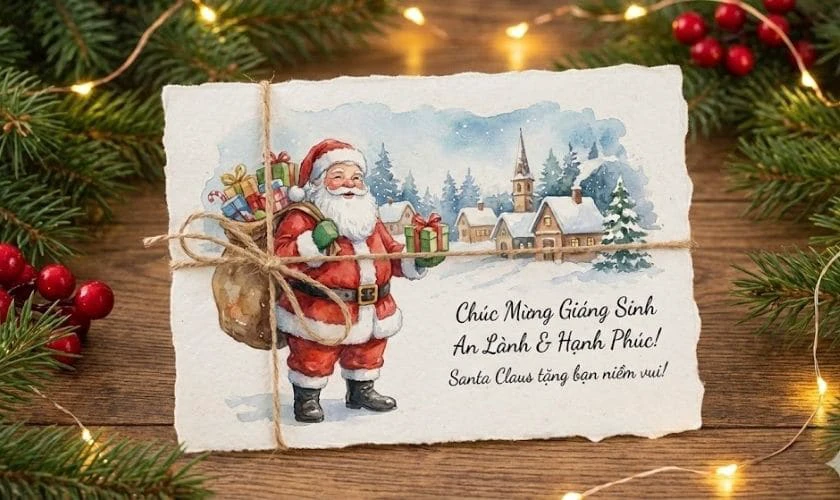 Thiệp Giáng Sinh có hình ông già Noel với lời chúc ý nghĩa