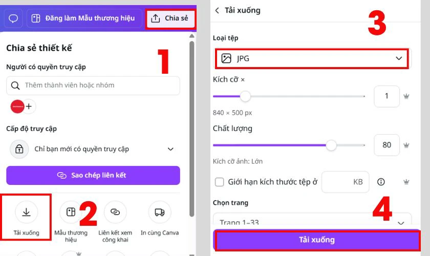 Sau khi hoàn tất thiết kế, nhấn nút Chia sẻ, chọn Tải xuống