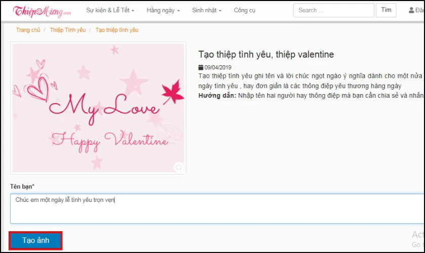 Trong giao diện tạo thiệp, nhập lời chúc Valentine mà bạn muốn gửi đến đối phương