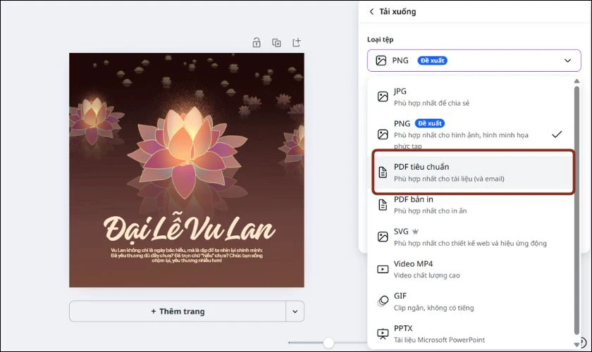 Khi đã hoàn thiện, bạn có thể tải thiệp về dưới dạng JPG, PNG hoặc PDF