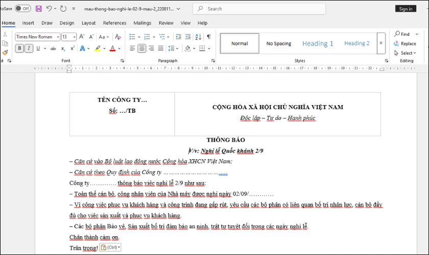Cách tải và in mẫu thông báo nghỉ lễ 2/9/2025