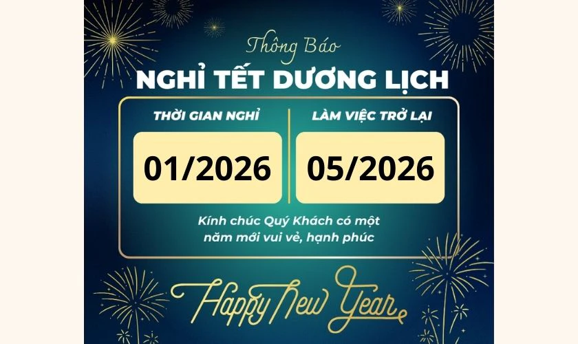 Mẫu thông báo nghỉ tết Dương lịch 2026 đăng Facebook