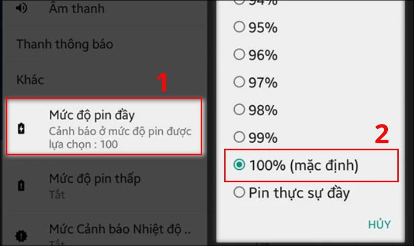 Ngoài ra, bạn có thể tùy chỉnh sẽ cảnh báo ở mức độ pin là bao nhiêu bằng cách vào Cài đặt chọn Mức độ pin đầy